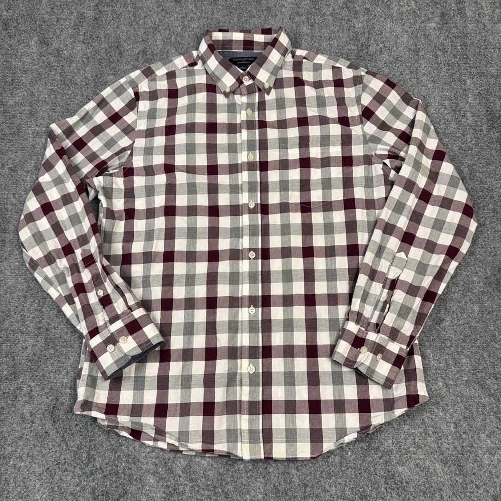 Banana Republic Soft Wash Slim Fit Plaid Button Down Shirt Men's L Burgundy Gray